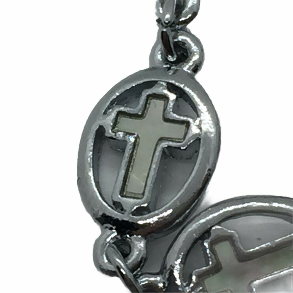 Cross Charm Bracelet Women's Silver Tone Lightweight Mother Of Pearl 7" New Gift